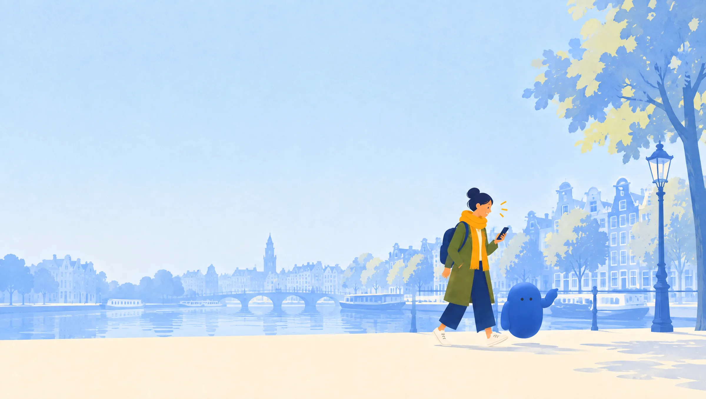 She walks along a canal smiling at her phone; Adapty points the way.